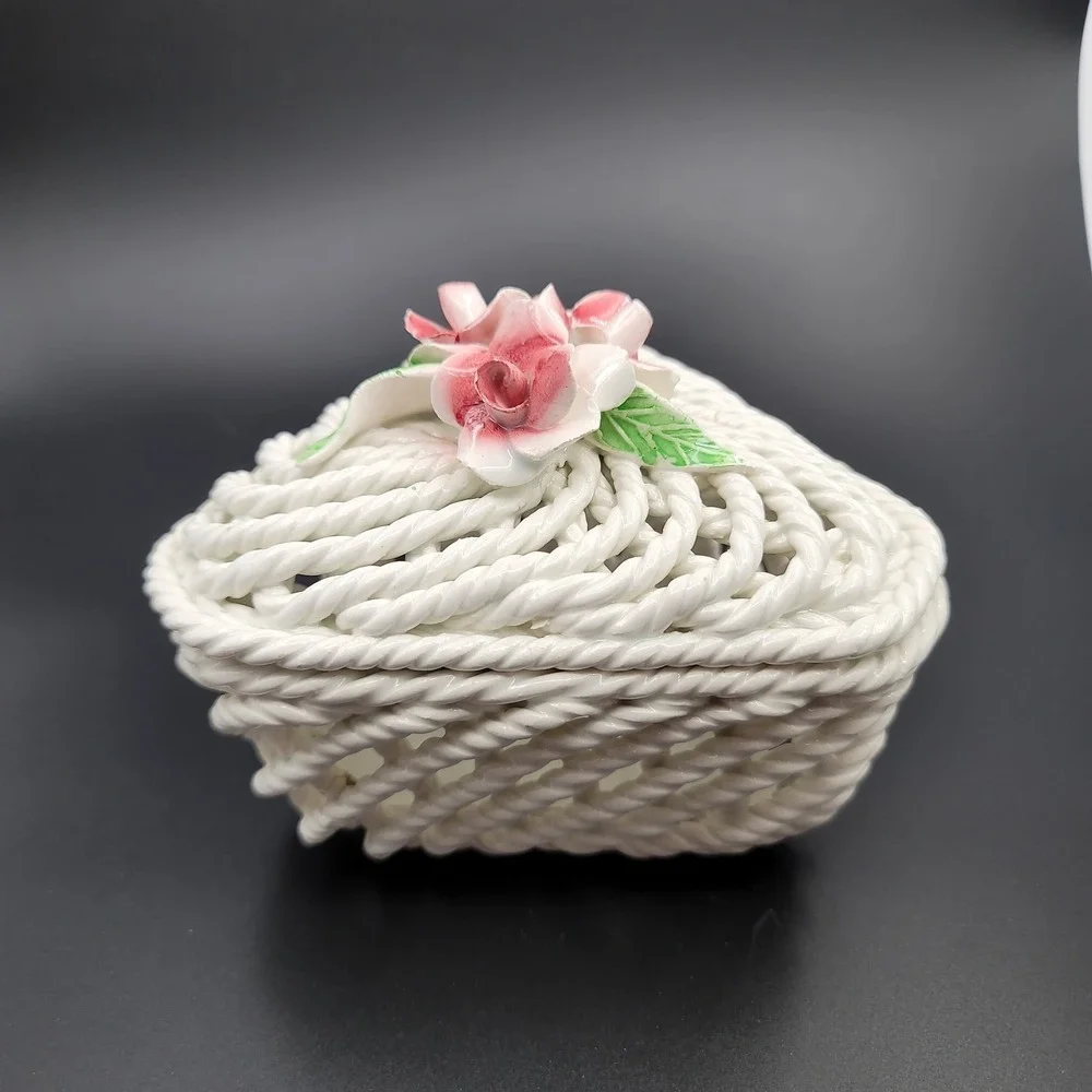 Vintage Levante Woven Porcelain Triangle Lidded Trinket Box Pink Roses Floral